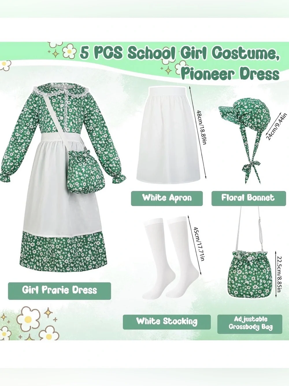 New Girls Pioneer Floral Prairie Dress Costume Small Green Apron Bonnet Bag sock